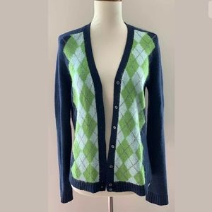 J. Crew Navy and Green Argyle Cardigan
